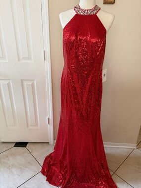 Glam Red Sequin Halter Gown with Jeweled Collar